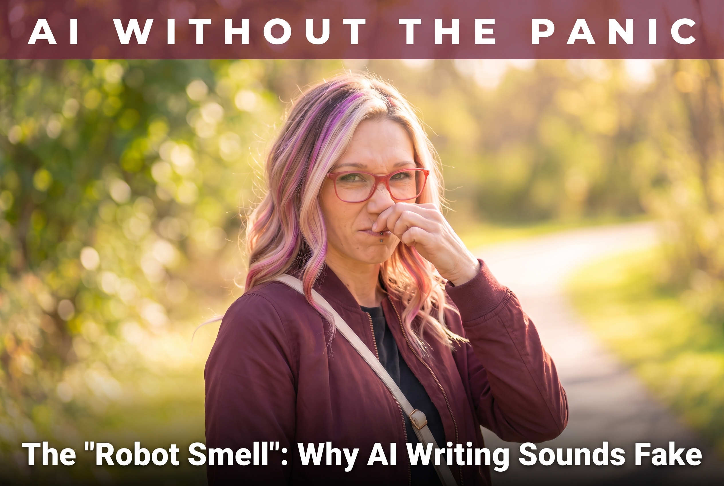 Writer reviewing AI-generated text on a laptop, illustrating the 'robot smell' that makes AI writing sound fake